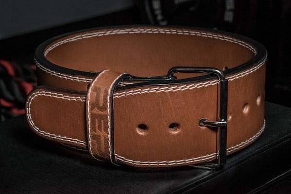 Buckle view of Rep Fitness Brown Leather powerlifting belt