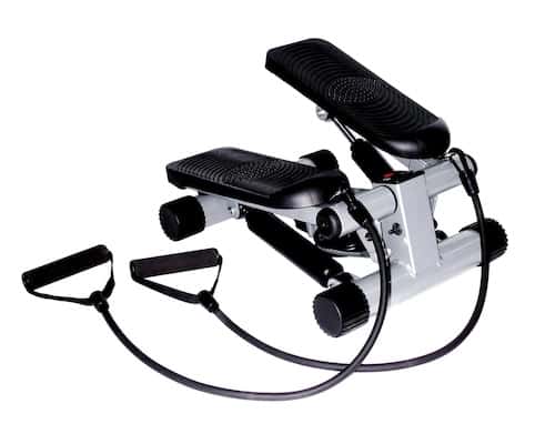 Black and grey mini stair stepper with resistance bands attached made by sunny health and fitness