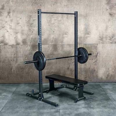 Frine Sport budget squat stand with loaded barbell on j cups above weight bench