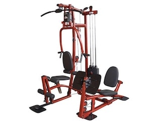 Body-solid exm1 home gym with leg press station in red and black