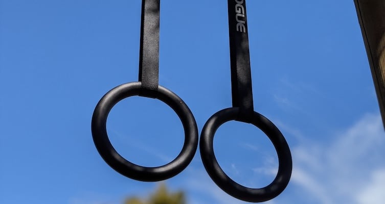 Rogue gymnastic rings, black steel hanging from pull-up bar
