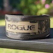 rogue fitness usa nylon lifting belt on weight bench outdoors
