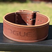 rogue fitness brown leather ohio lifting belt on weight bench outdoors