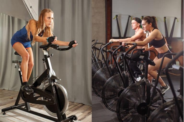 woman on spin bike vs air bike riders