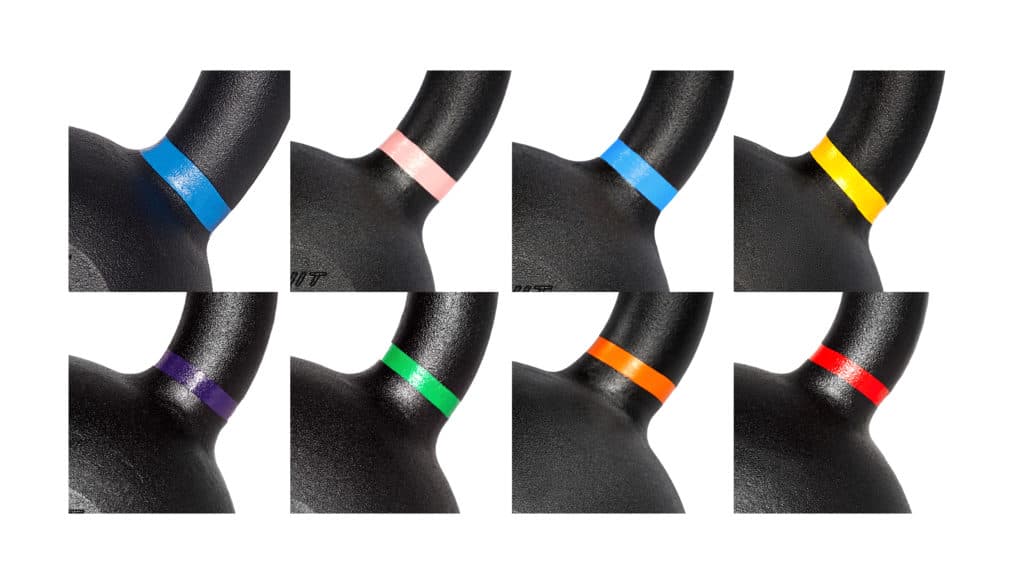 Array of close-ups of color-coded kettlebell handles