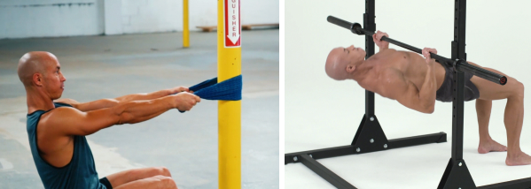 A man demonstrates two bodyweight pulling exercises.