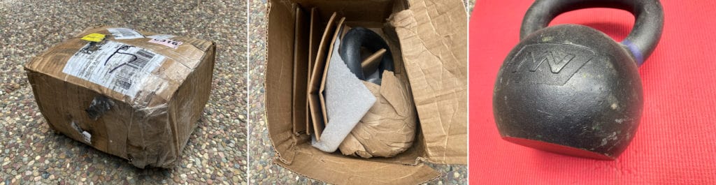Three photos of Onnit's shipping for its kettlebell