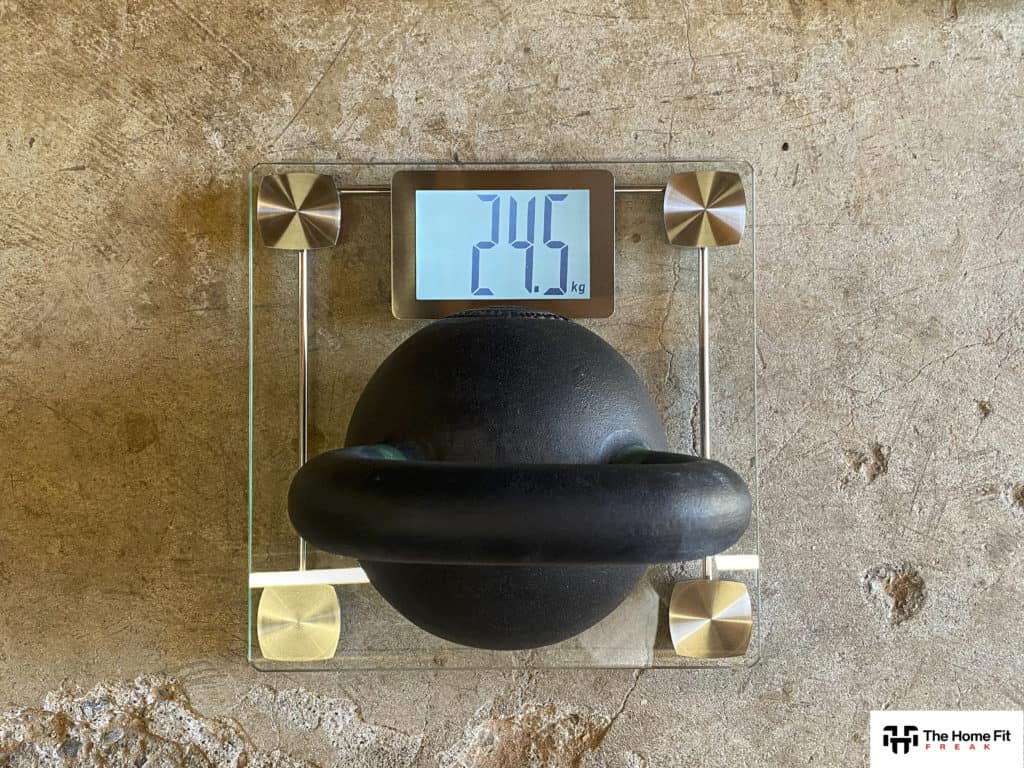 Top-down view of a kettlebell on a scale