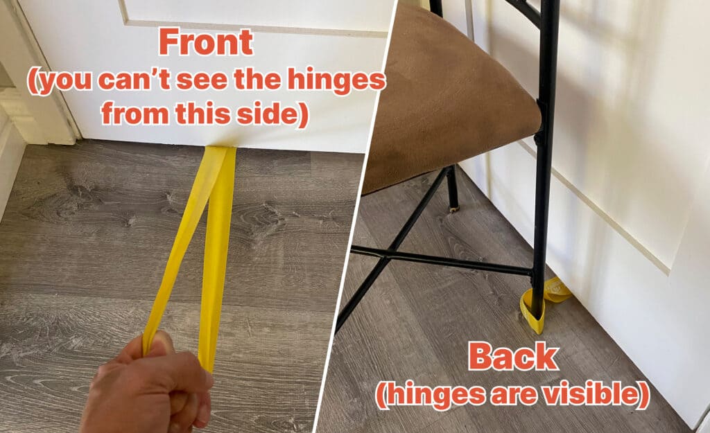 Side-by-side photos of an exercise band attached to a chair behind a door