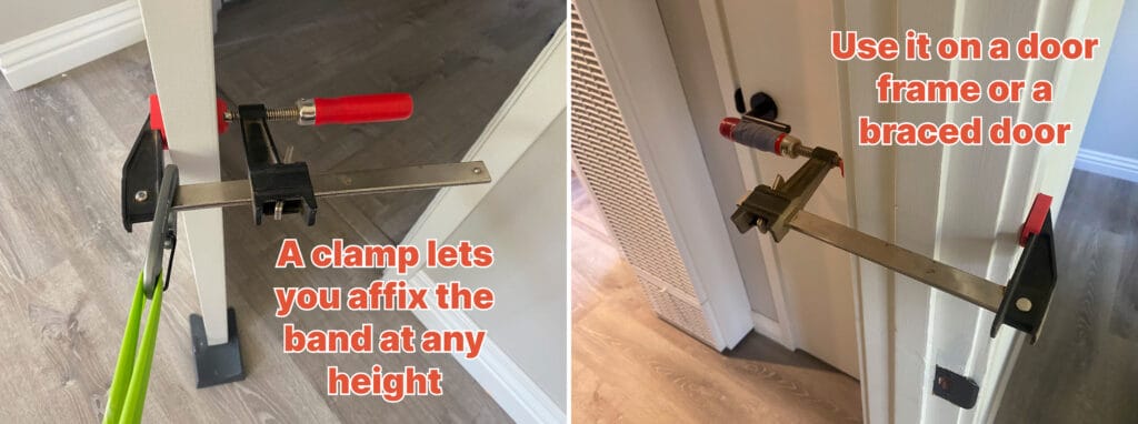 Side-by-side photos of a clamp on a door and door frame with an exercise band attached to it.