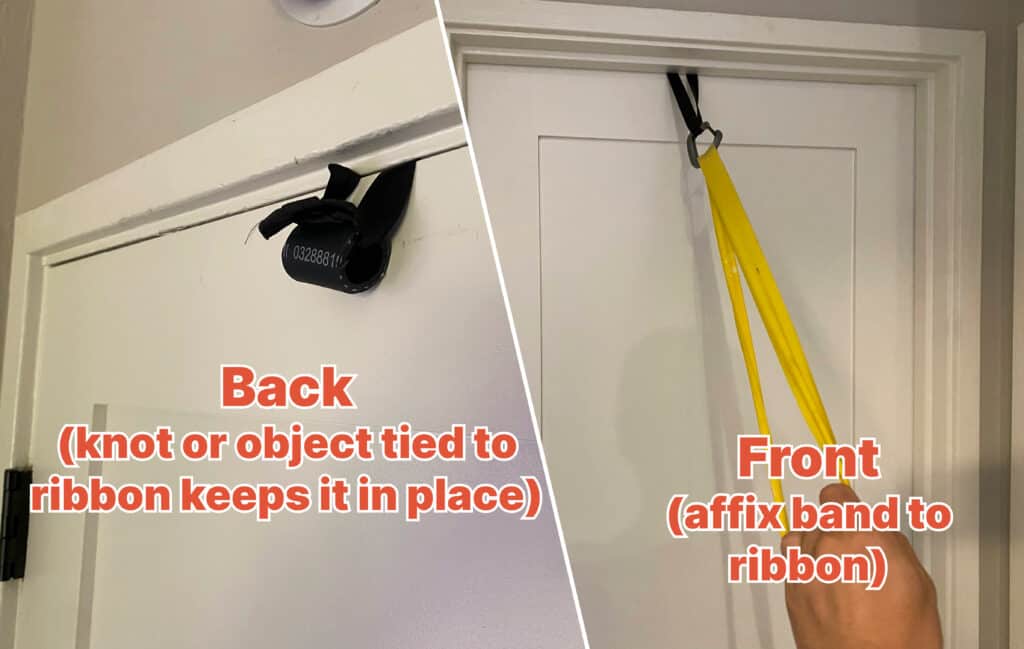 Side-by-side photos of an exercise band attached to the top of a door using grosgrain ribbon